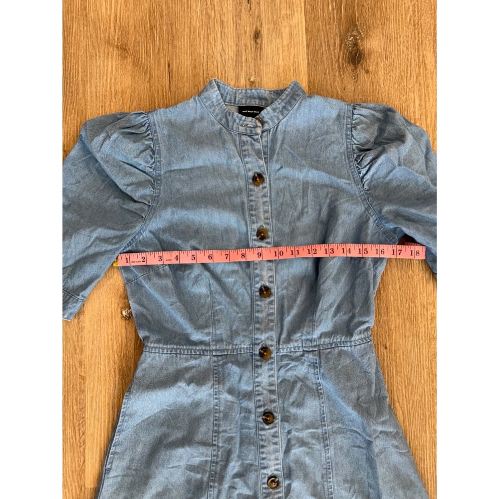 Who What Wear Boho Prairie Denim Midi Dress XS Blue Puff Sleeve Button Front - Picture 4 of 10